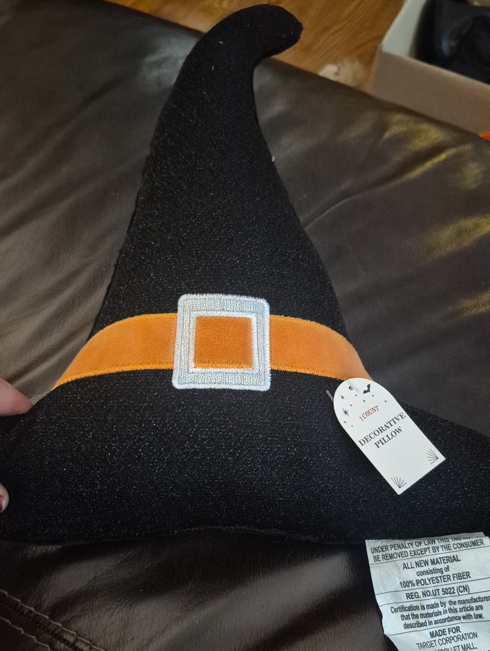 Kids Black Witch Hat Costume Pillow with Orange Band